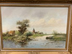 Gilt frame oil on canvas of a Dutch countryside scene