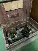 Pine chest containing a large quantity of glass bottles