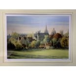 Three framed and glazed limited edition prints of Oxford scenes and another by Valerie Petts