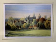 Three framed and glazed limited edition prints of Oxford scenes and another by Valerie Petts