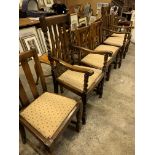 Two oak framed rail back carver chairs and 4 oak framed rail back dining chairs