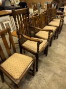 Two oak framed rail back carver chairs and 4 oak framed rail back dining chairs