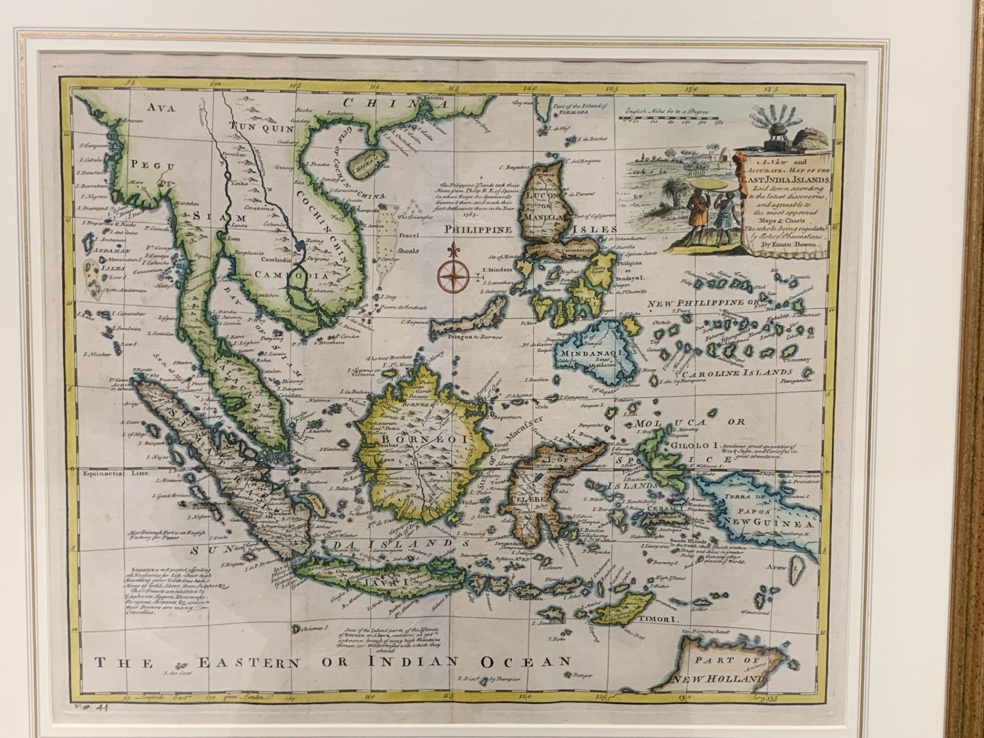 Framed and glazed hand coloured map of the East India Islands