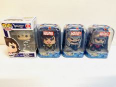 Three boxed Marvel Mighty Muggs; together with a Pop Animation figurine.