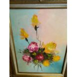 Ornately gilt framed oil on canvas still life flowers and two prints