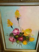 Ornately gilt framed oil on canvas still life flowers and two prints