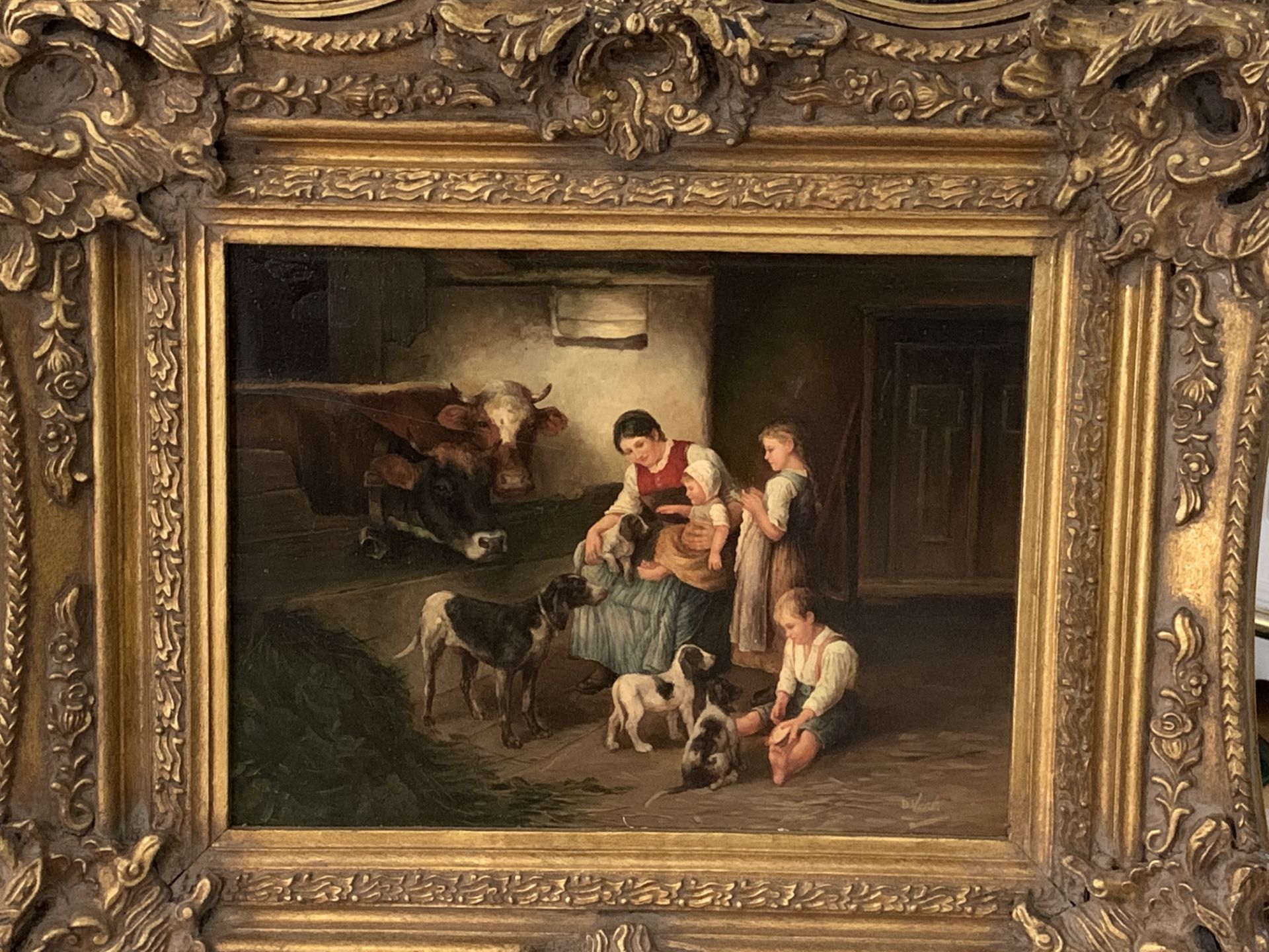 Heavy ornate gilt frame oil on board of family with cows and dogs, signed D Vere - Image 2 of 4