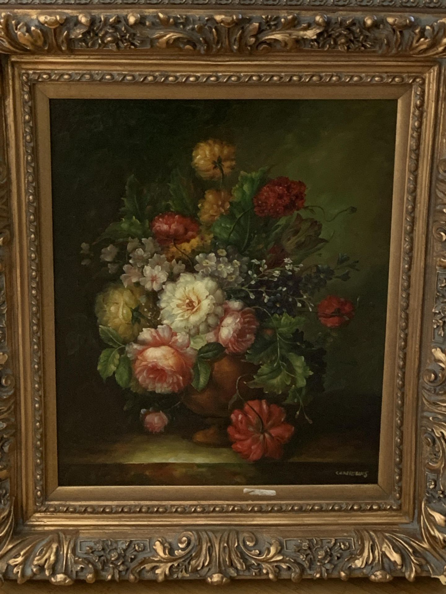 Heavy ornate gilt framed oil on canvas of still life flowers in vase, signed Cornelius - Image 2 of 2