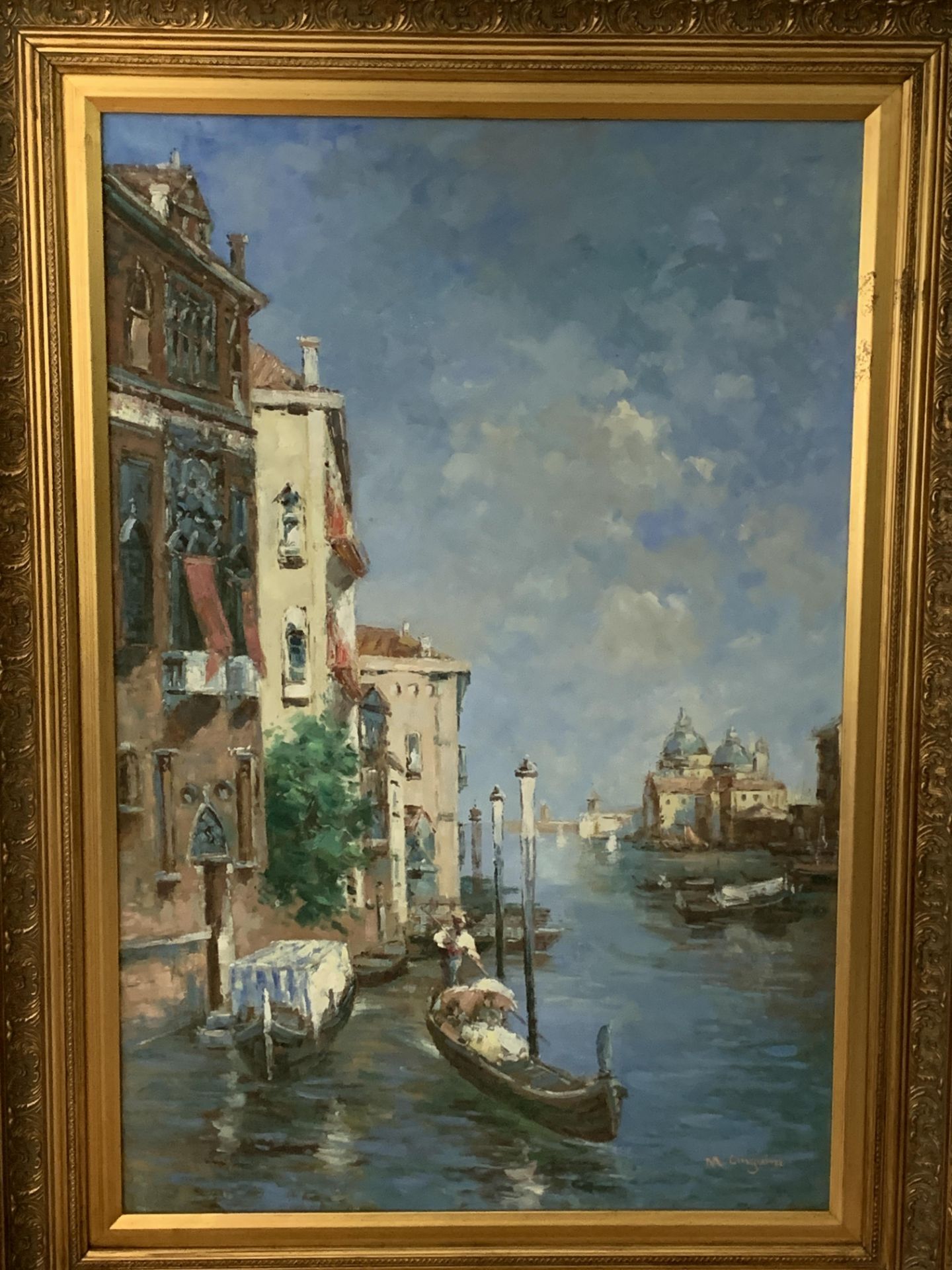 Gilt framed oil on canvas of Venice, signed M Linguini