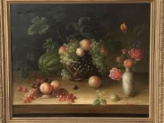 Gilt framed oil on canvas of still life fruit and flowers with basket and vase, signed E Casper,