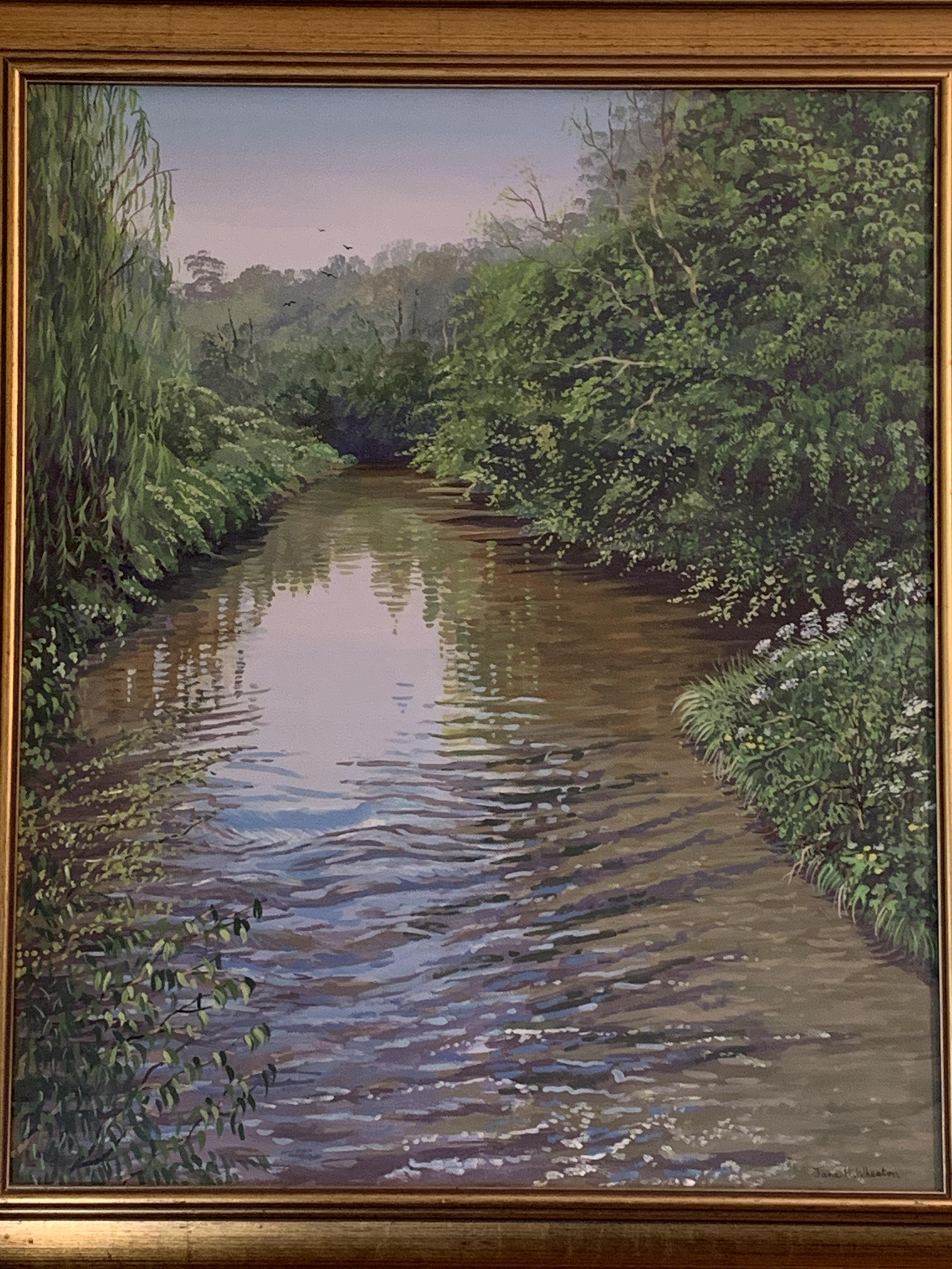 Gilt framed oil on canvas river scene, signed Jane H Wheaton - Image 2 of 2