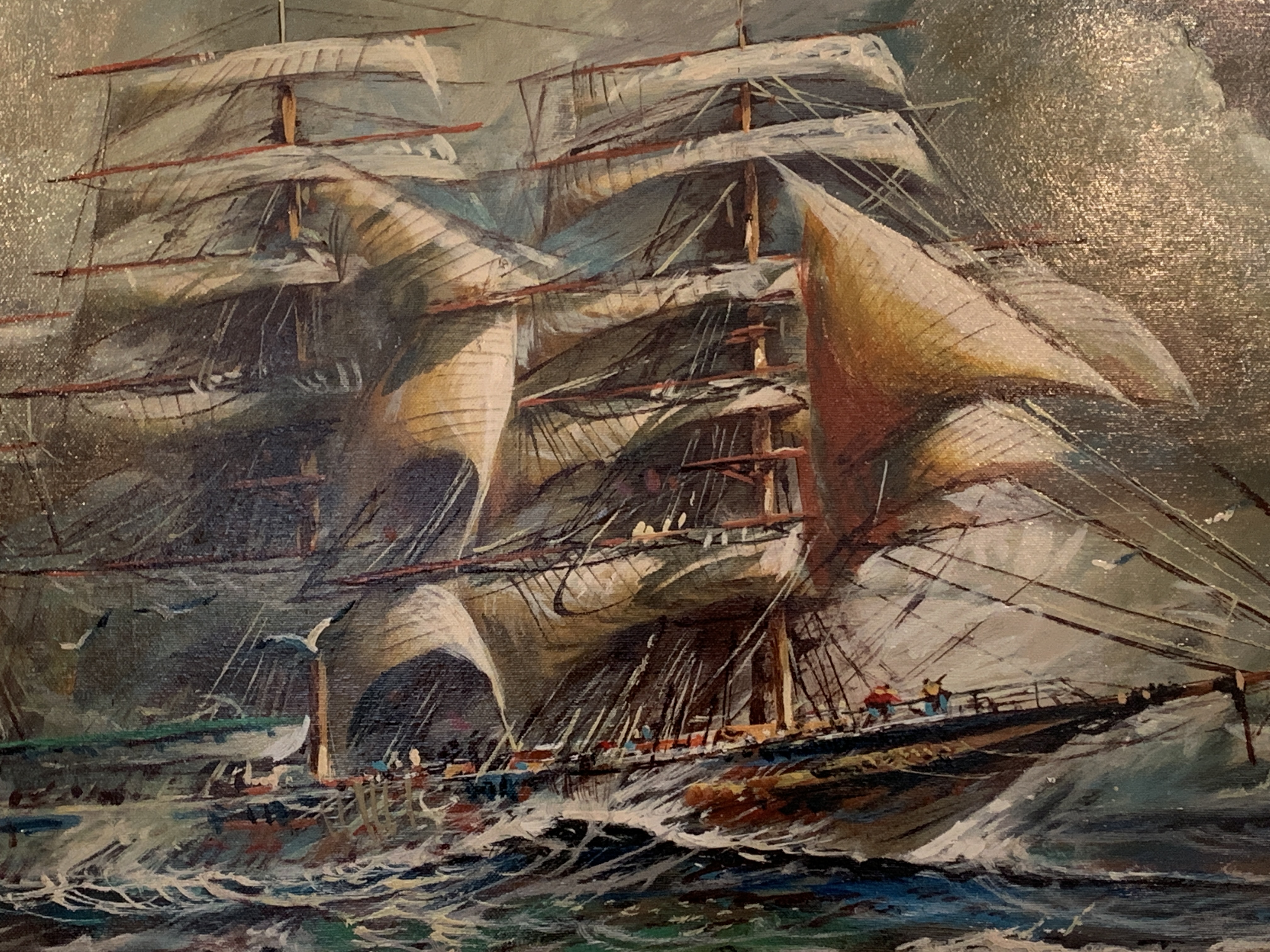 Framed oil on canvas of a sailing ship - Image 2 of 3