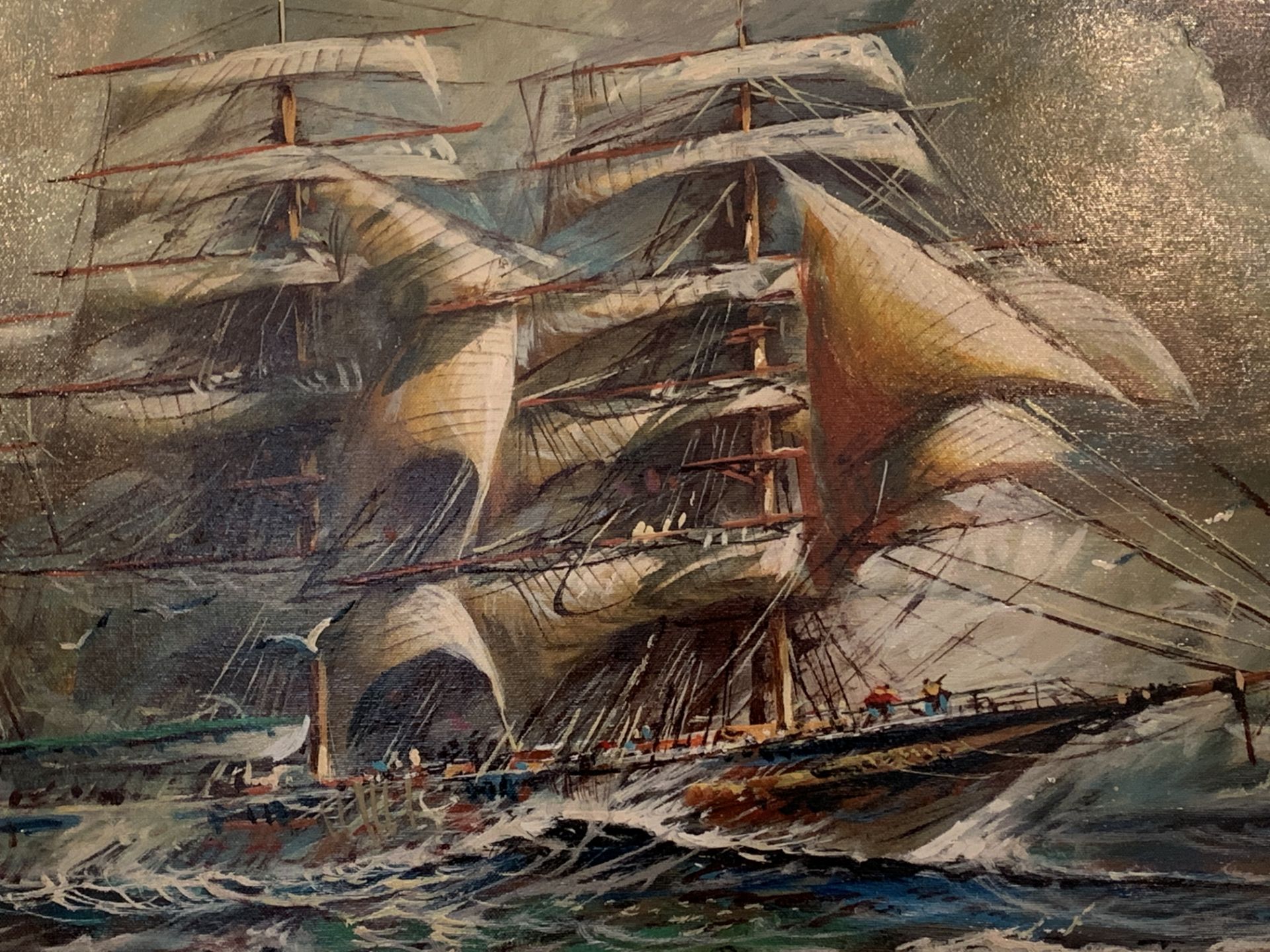 Framed oil on canvas of a sailing ship - Image 2 of 3