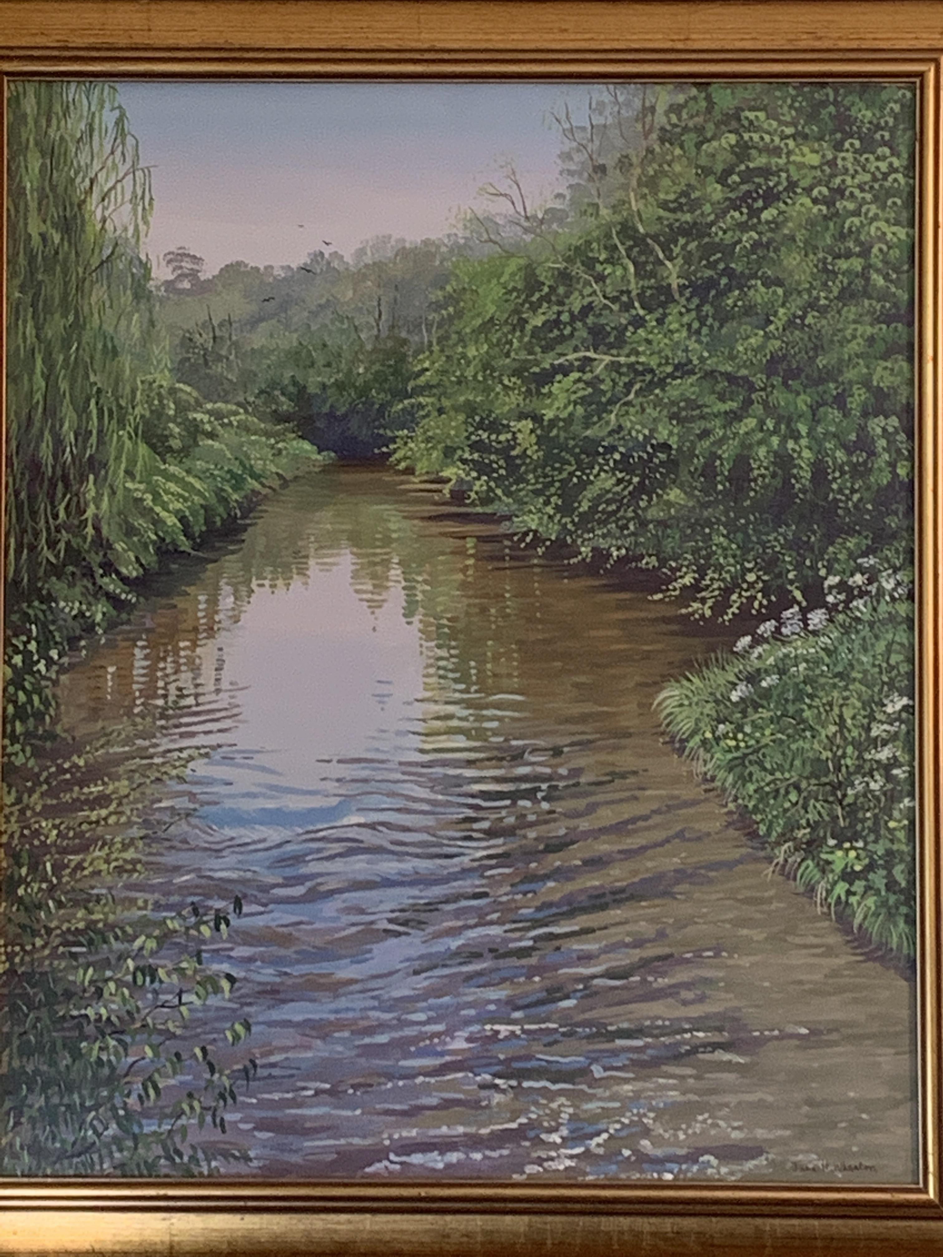 Gilt framed oil on canvas river scene, signed Jane H Wheaton