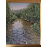 Gilt framed oil on canvas river scene, signed Jane H Wheaton