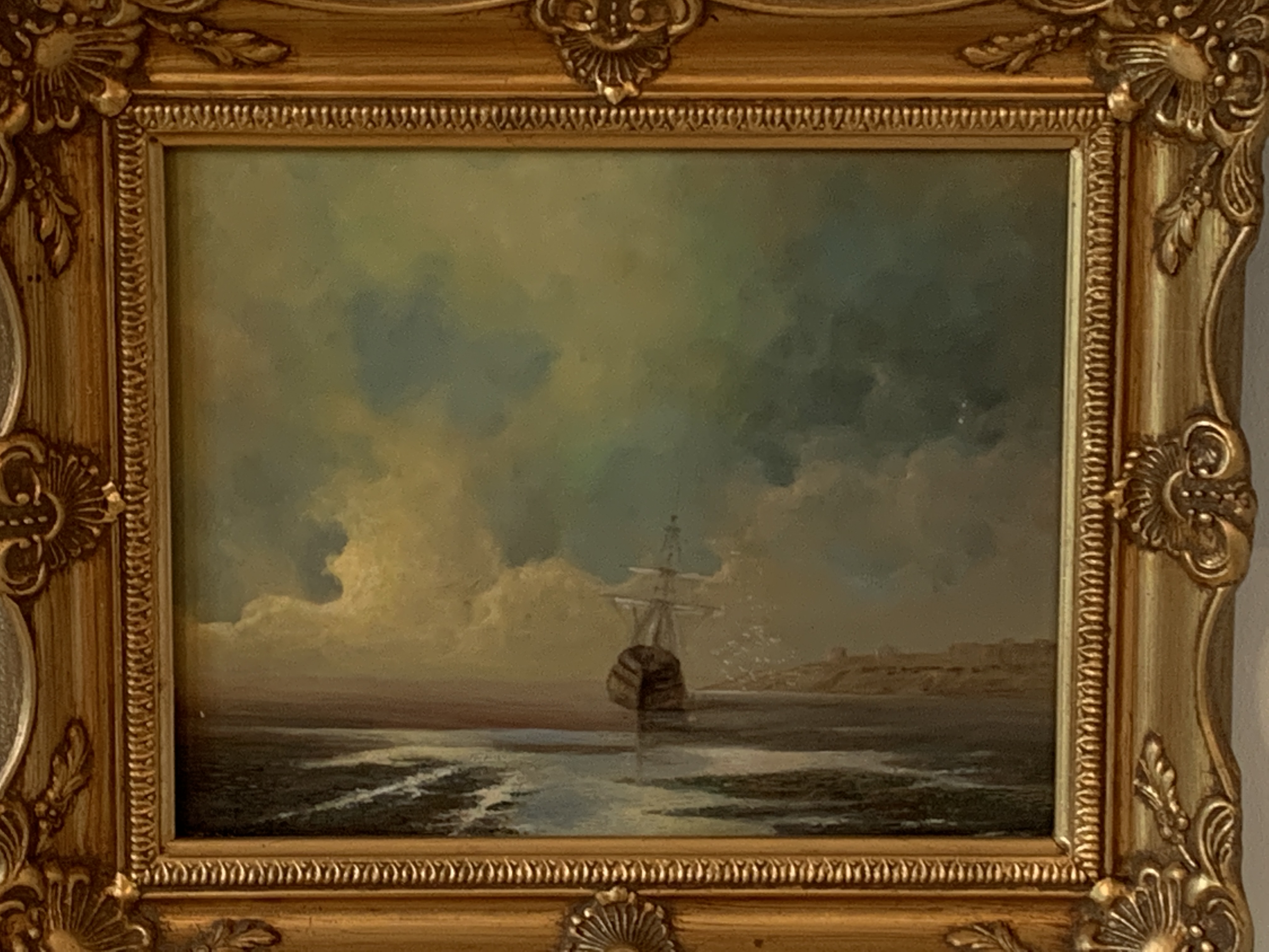 Pair of gilt framed oils on board of ships on a beach - Image 2 of 4