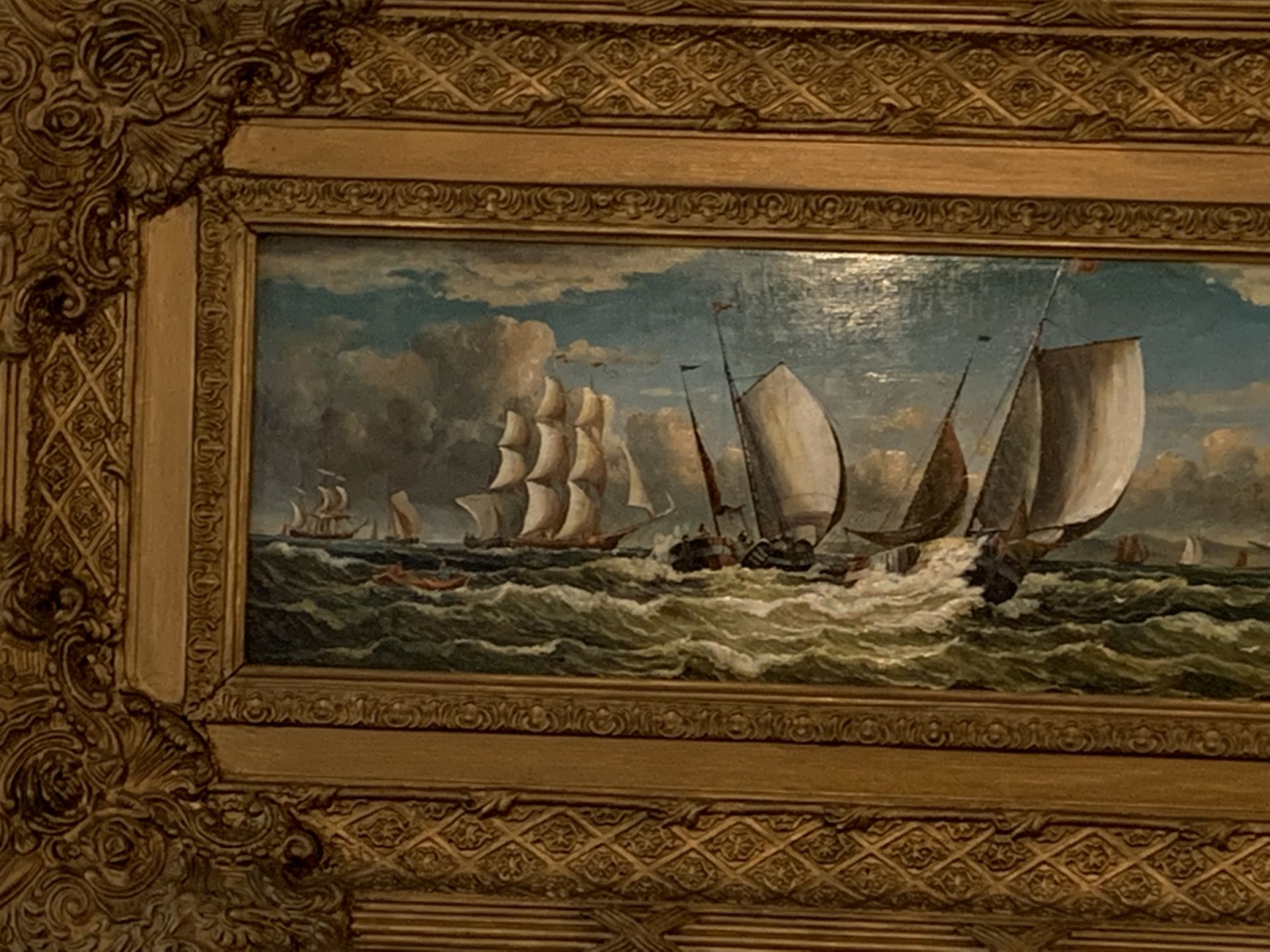 Heavy gilt framed oil on board of sailing ships - Image 2 of 3