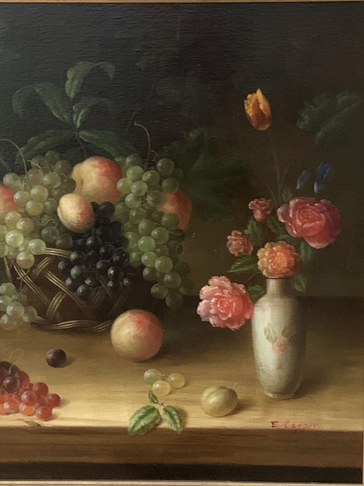 Gilt framed oil on canvas of still life fruit and flowers with basket and vase, signed E Casper, - Image 3 of 3