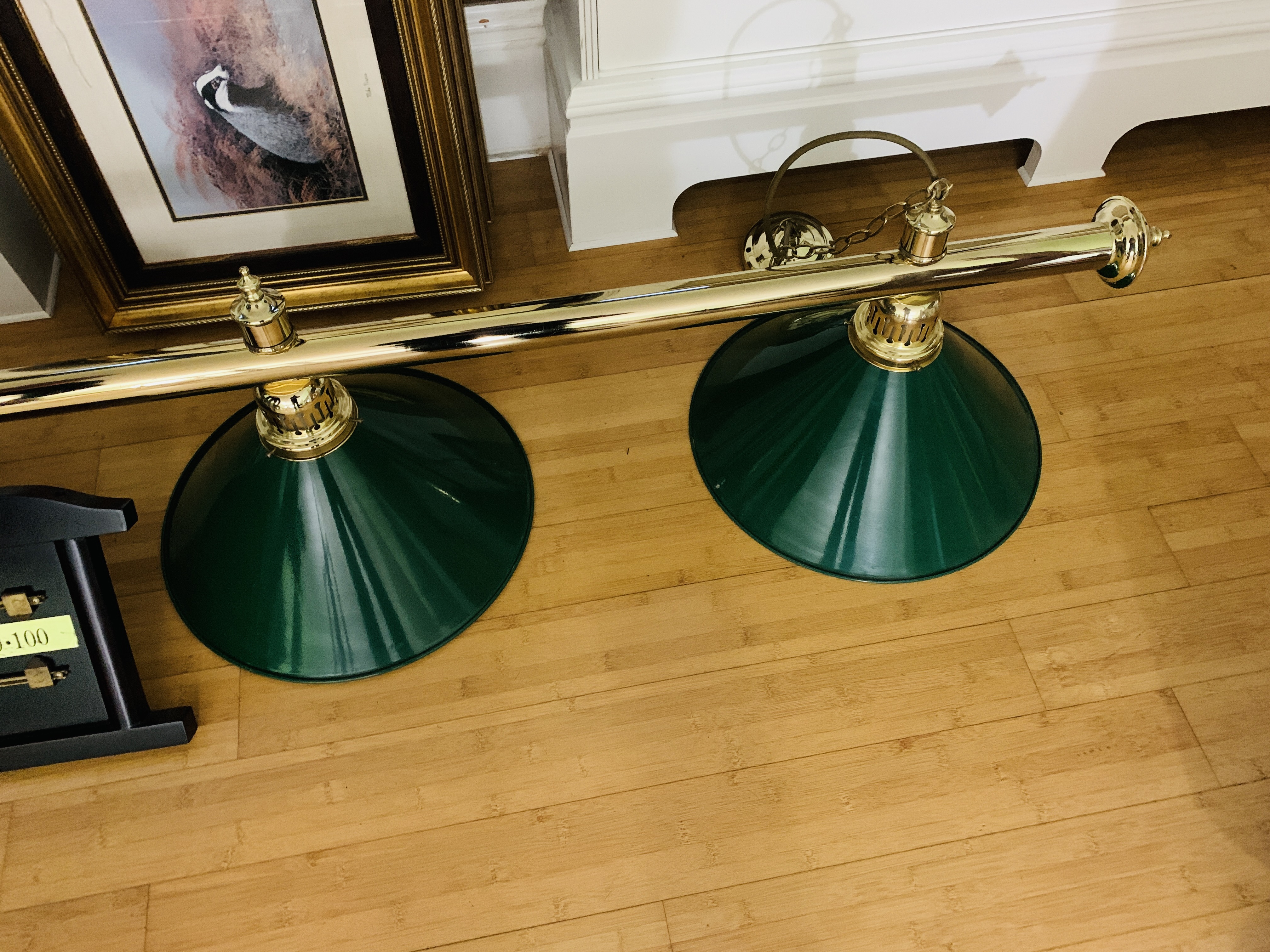 Row of six billiard table lights together with a wall mounted scoreboard and a cue stand. - Image 3 of 4