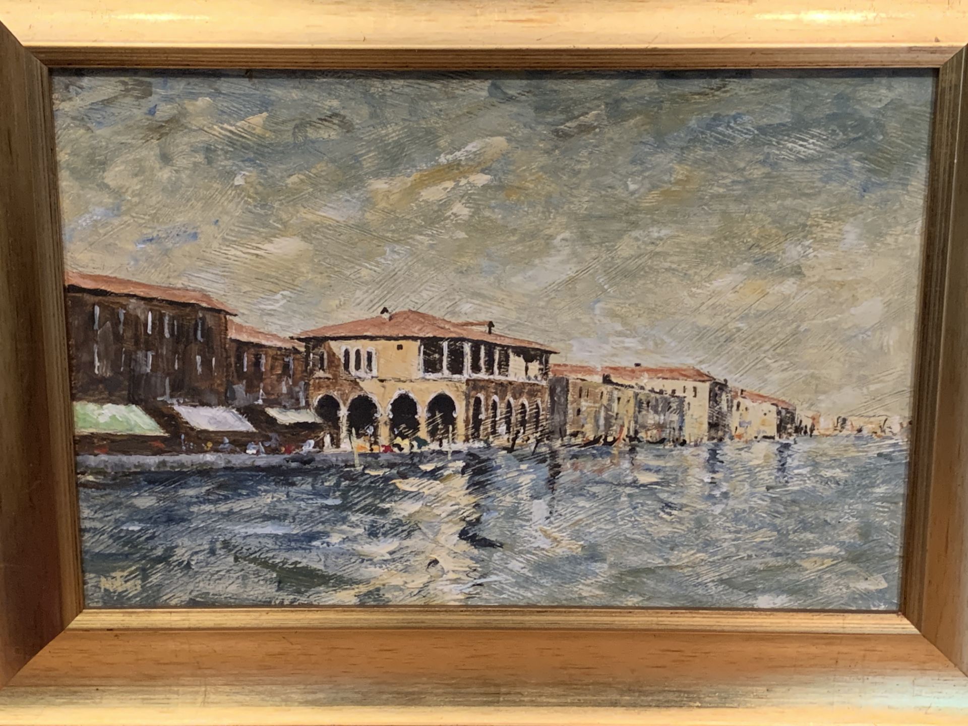 Gilt framed oil on board 'Pescheria - Venezia', signed M Tims