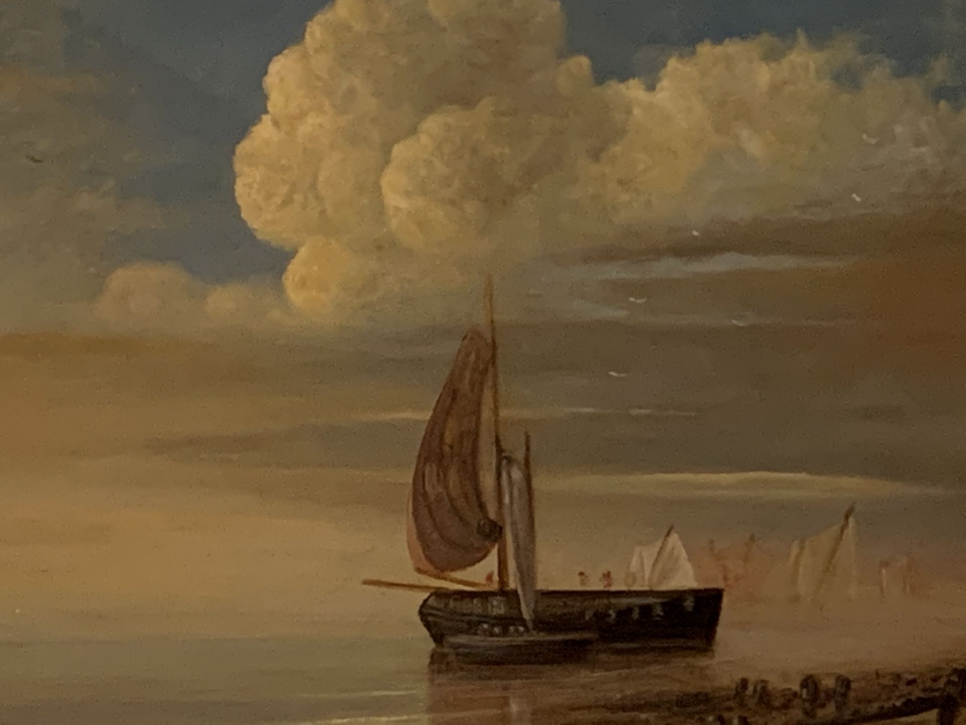 Pair of gilt framed oils on board of ships on a beach - Image 4 of 4
