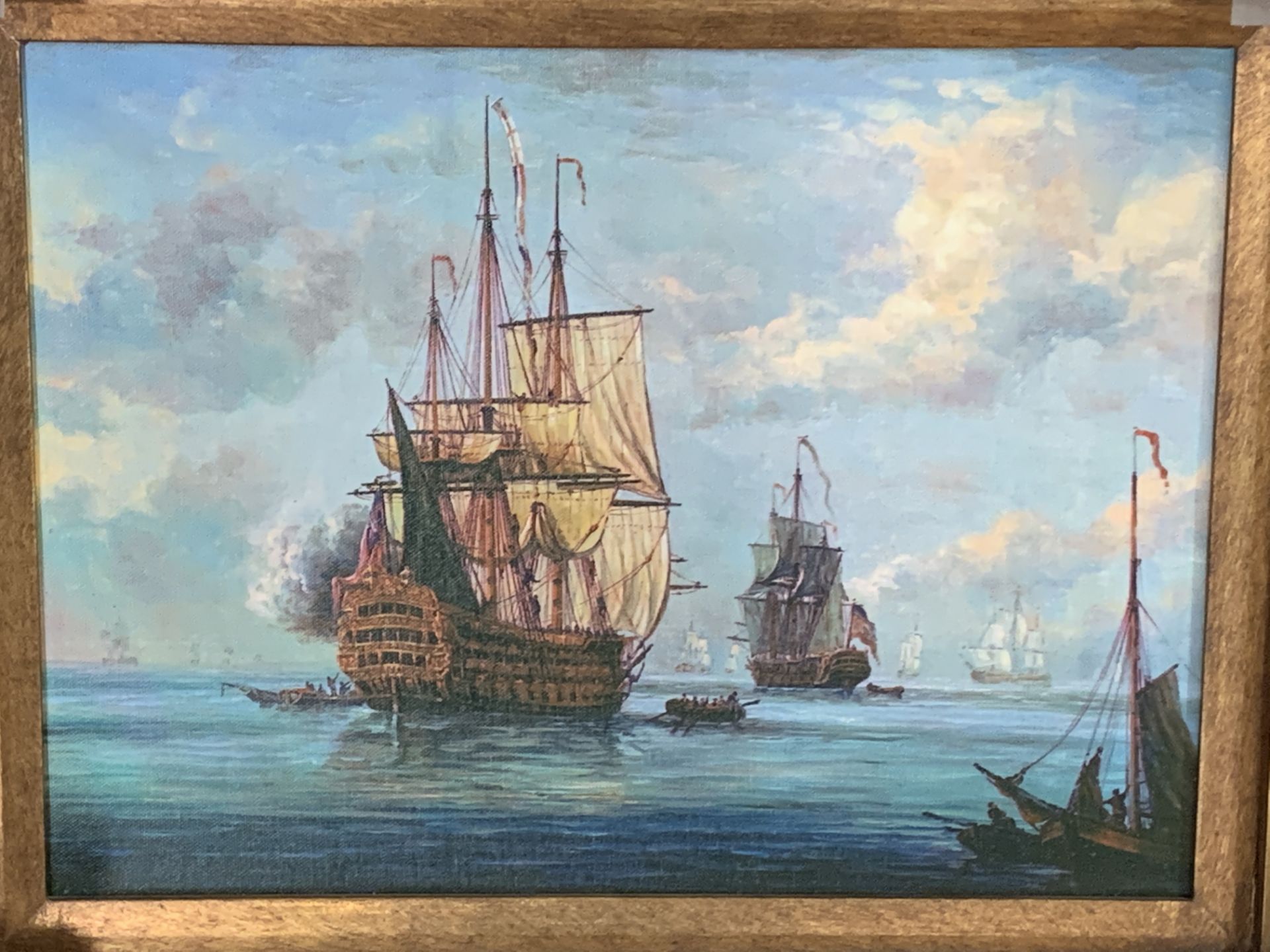 Three heavy gilt framed reproduction oils on canvas