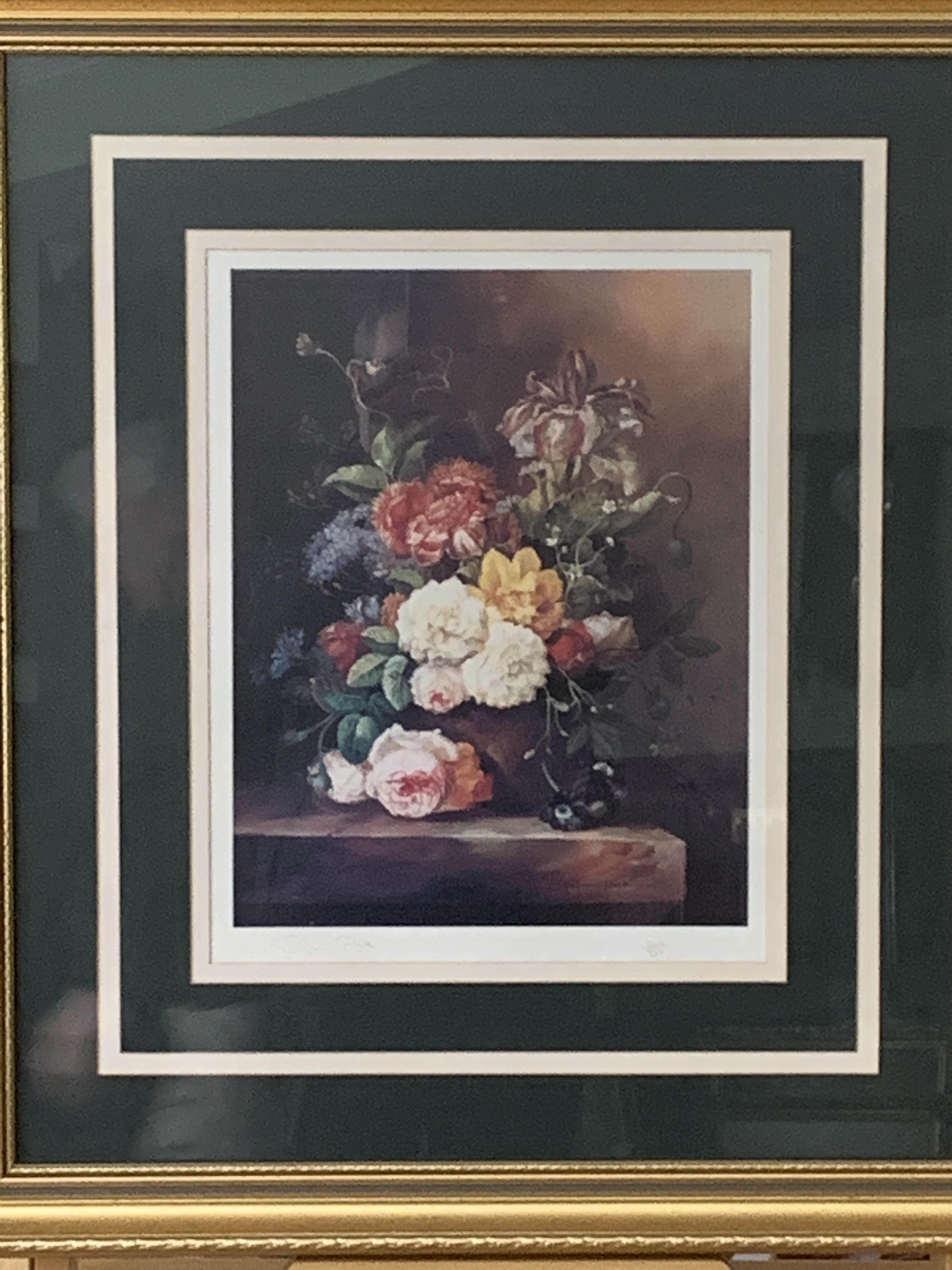 Pair of gilt framed and glazed limited edition still life flowers, 250/850, by Susan Park