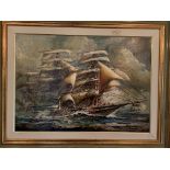 Framed oil on canvas of a sailing ship