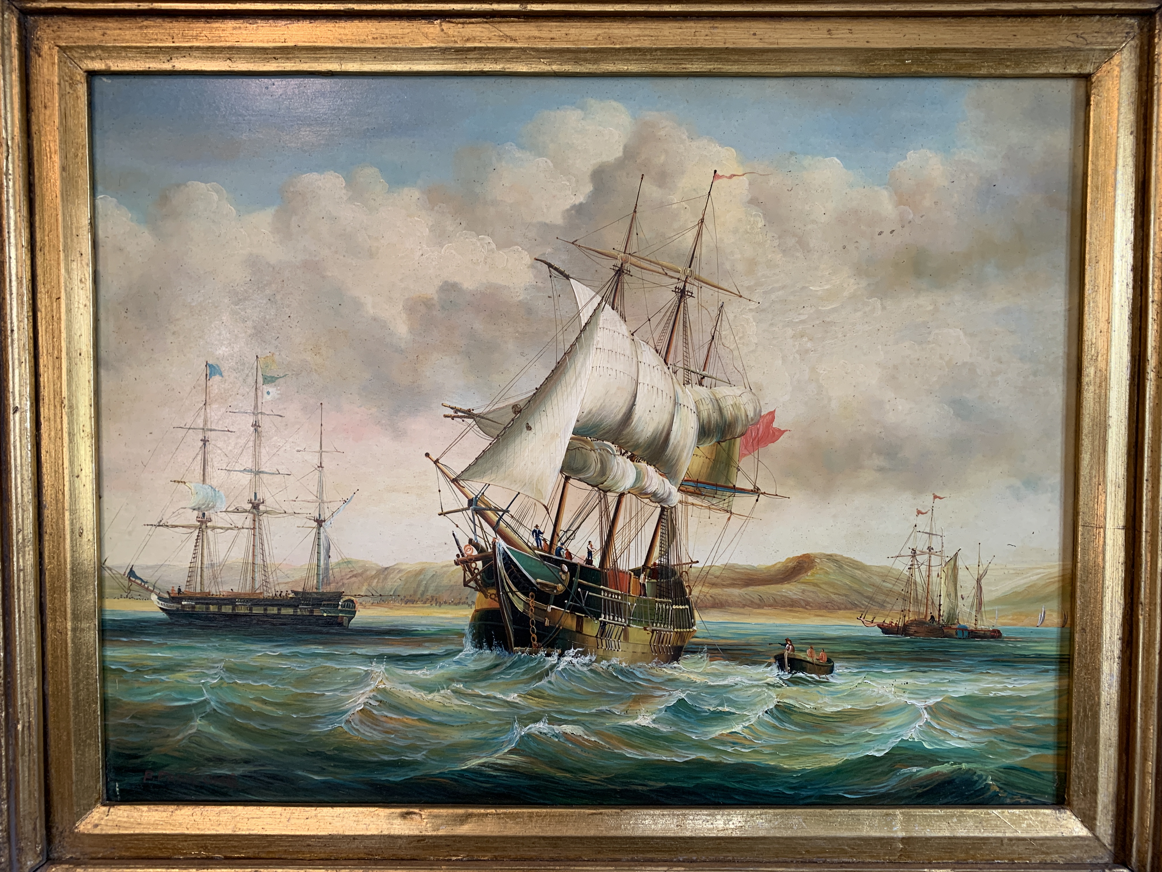 Gilt framed oil on board of sailing ships, signed P Francomb - Image 2 of 3