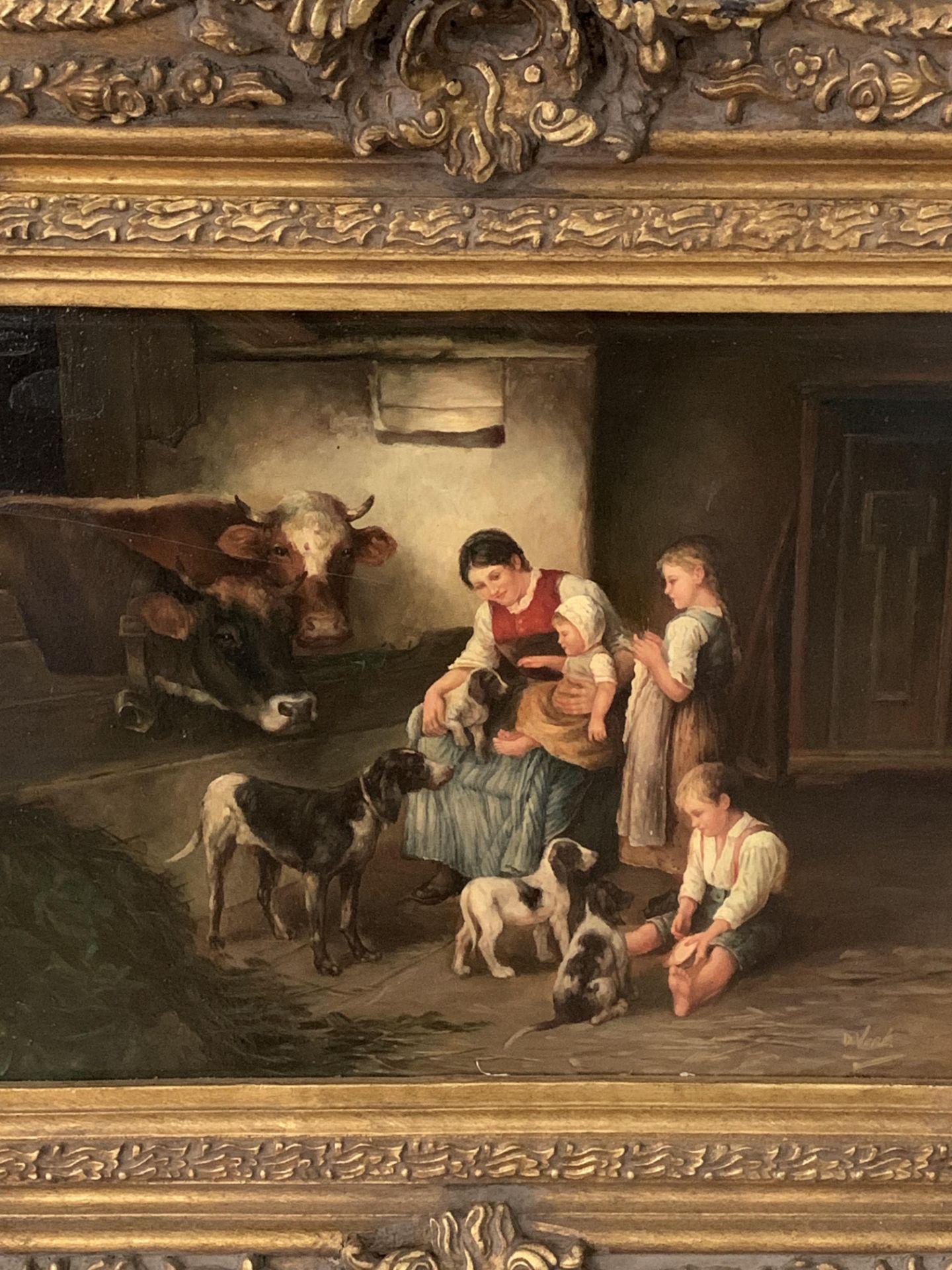 Heavy ornate gilt frame oil on board of family with cows and dogs, signed D Vere - Image 3 of 4