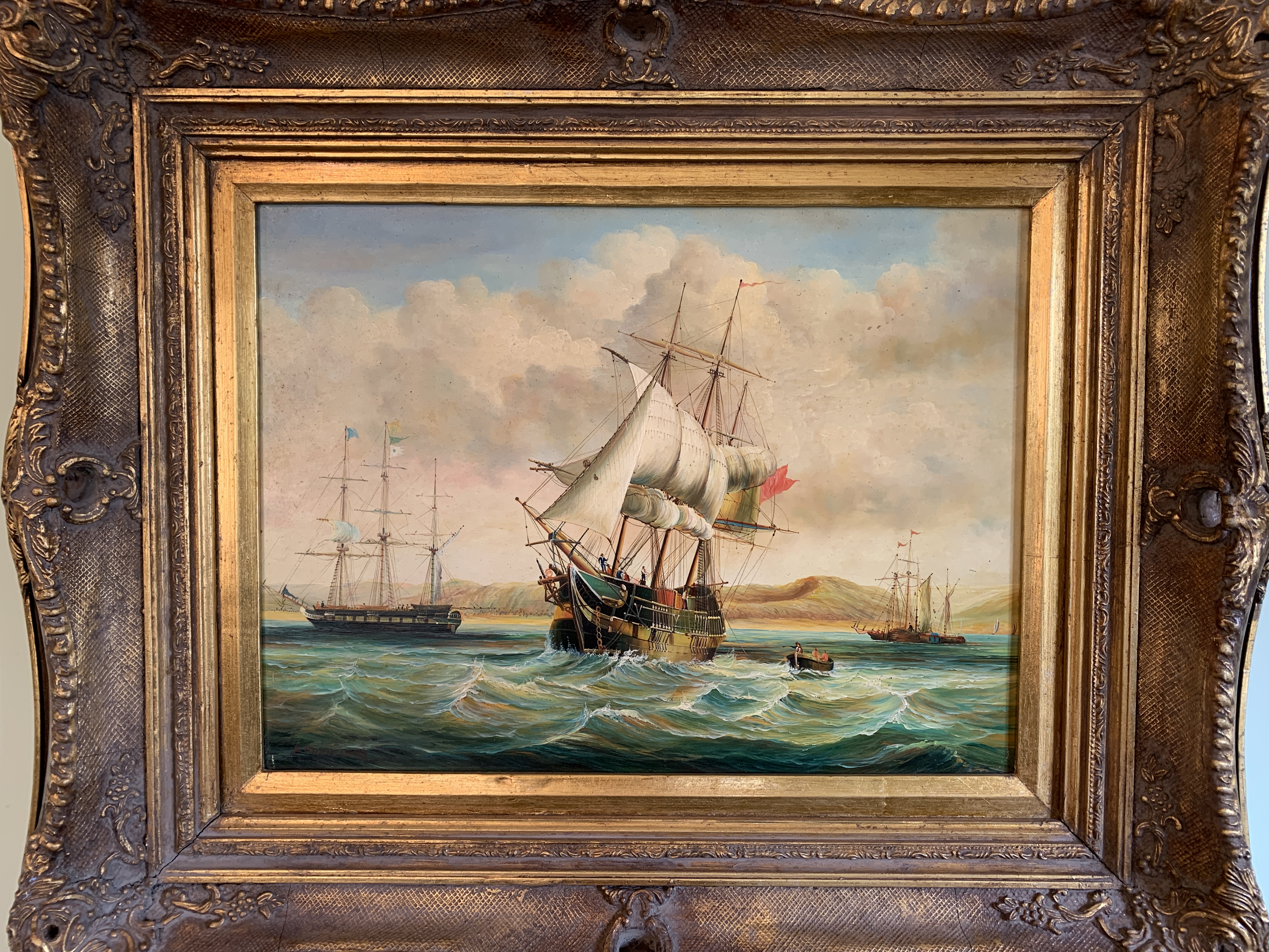 Gilt framed oil on board of sailing ships, signed P Francomb
