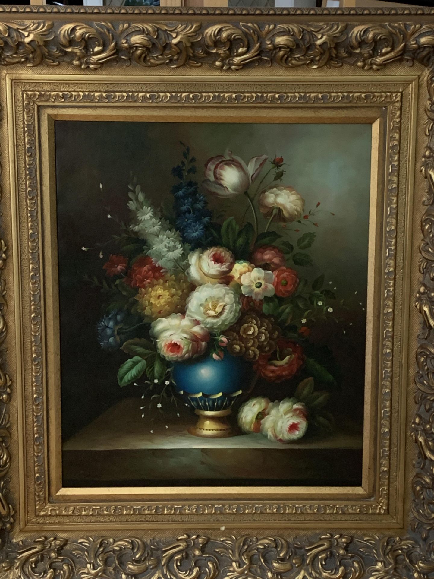 Heavy ornate gilt framed oil on canvas of still life flowers in vase, signed F Susan