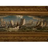 Heavy gilt framed oil on board of sailing ships