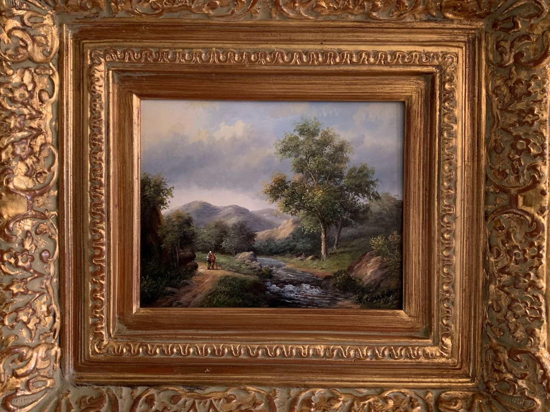 Pair of gilt framed oils on board of country scenes signed P Courdon - Bild 3 aus 4