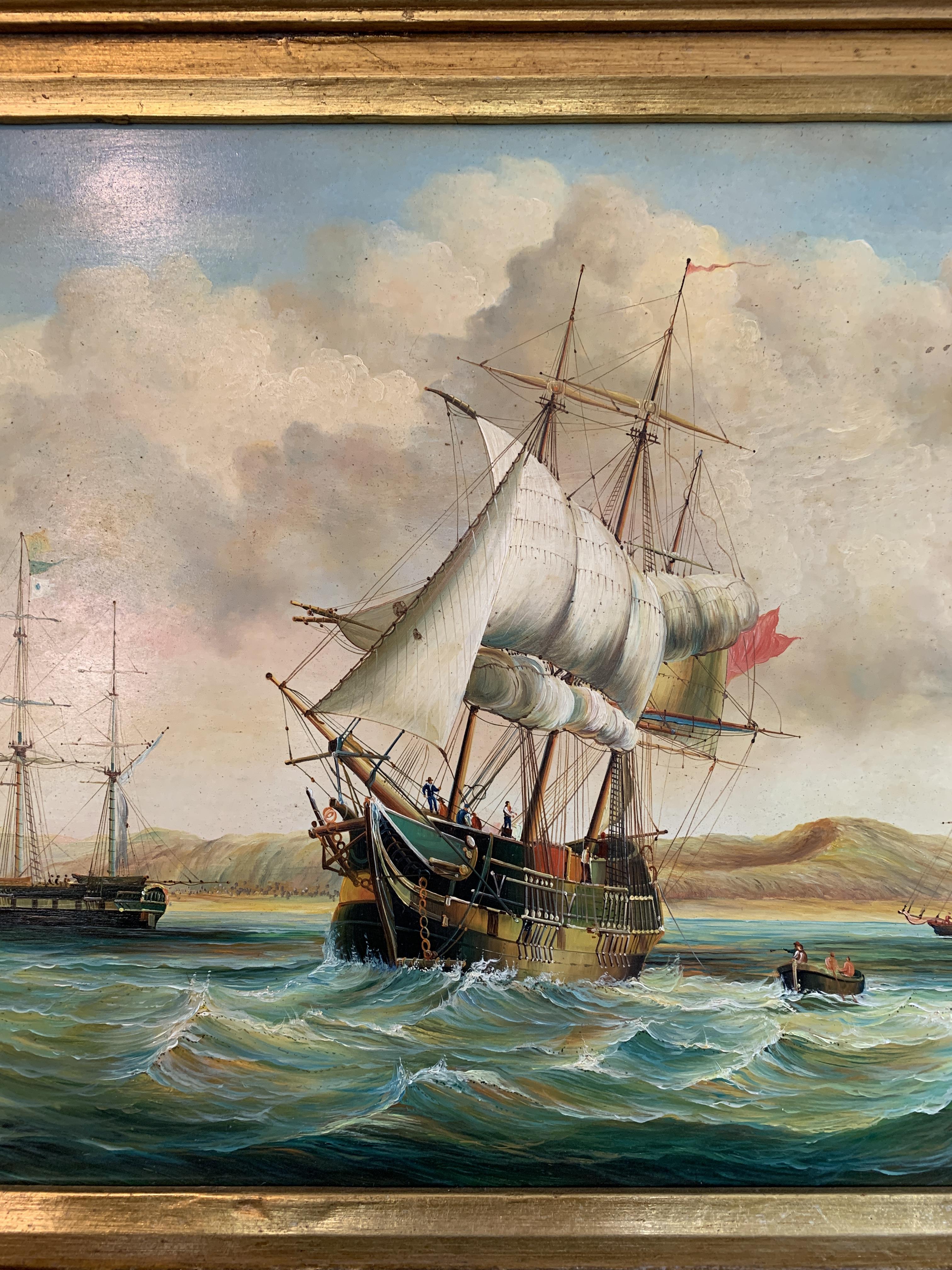 Gilt framed oil on board of sailing ships, signed P Francomb - Image 3 of 3