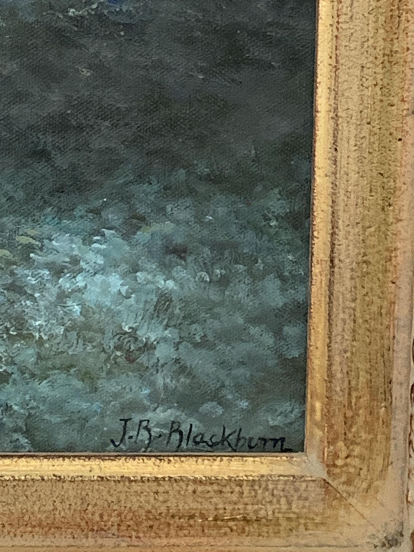 Gilt framed oil on canvas of a grey horse, signed J Blackburn - Image 2 of 4