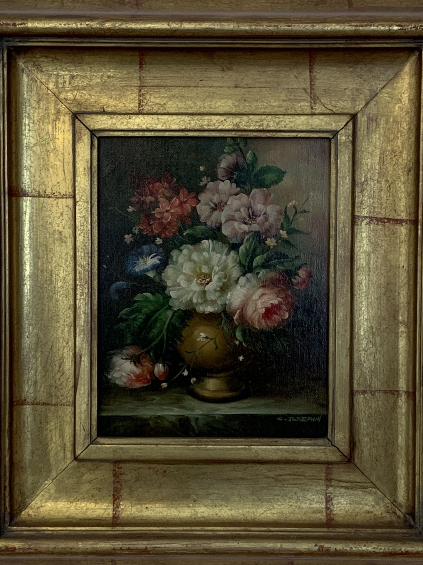 Pair of gilt framed oil on canvas still life, signed C Josephone