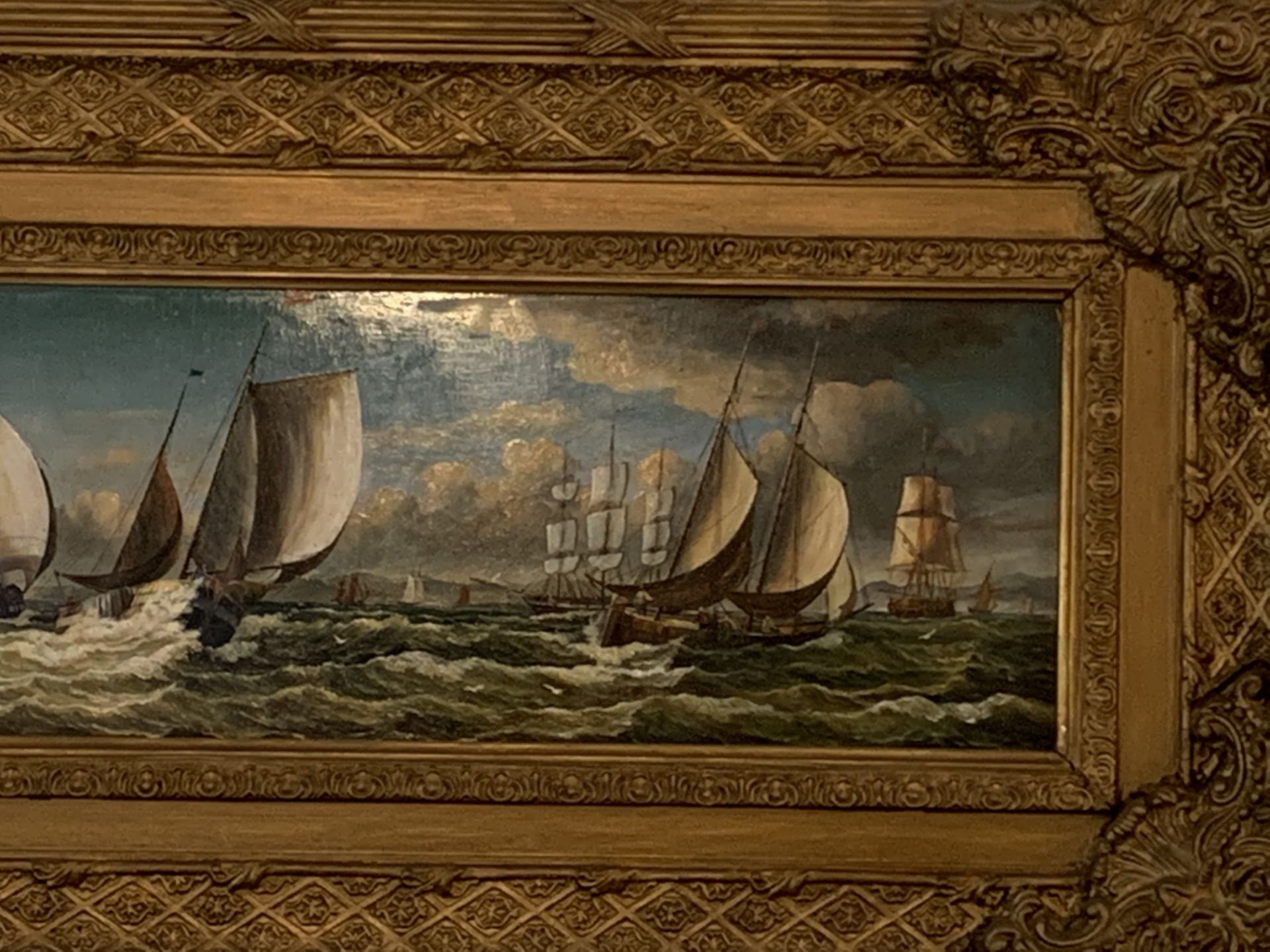 Heavy gilt framed oil on board of sailing ships - Image 3 of 3