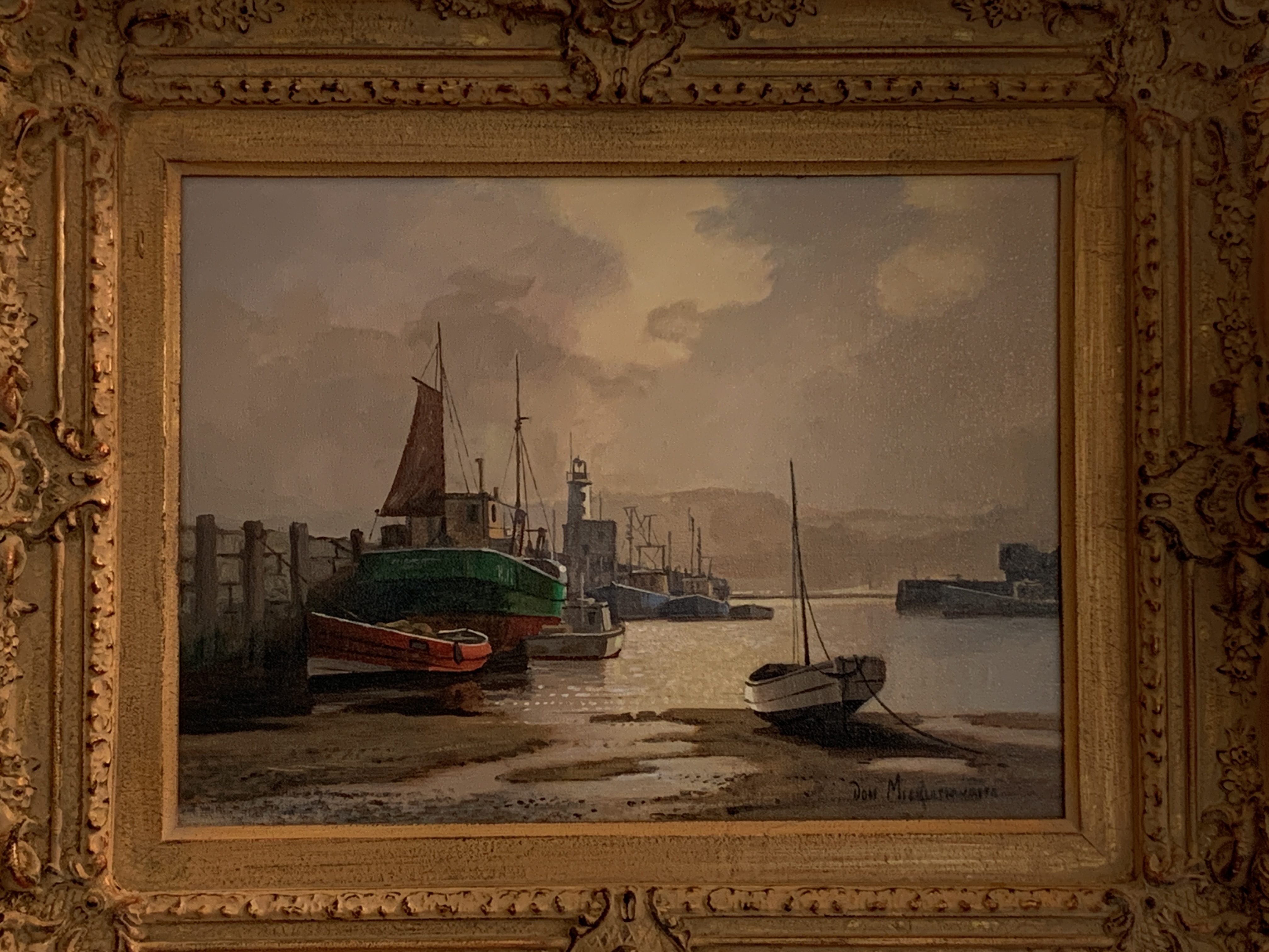 Pair of framed oils on canvas harbour scenes signed Don Micklethwaite