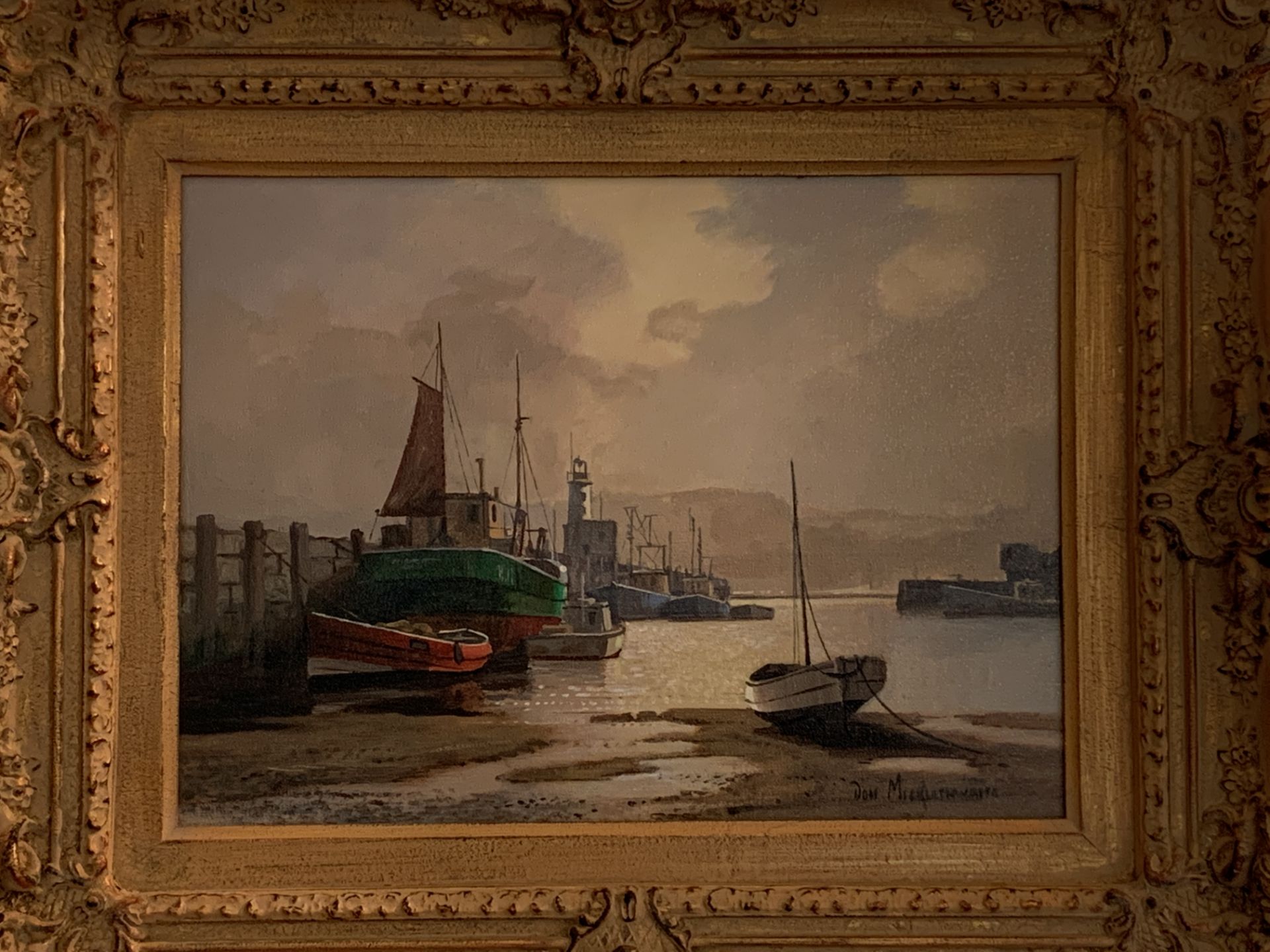 Pair of framed oils on canvas harbour scenes signed Don Micklethwaite