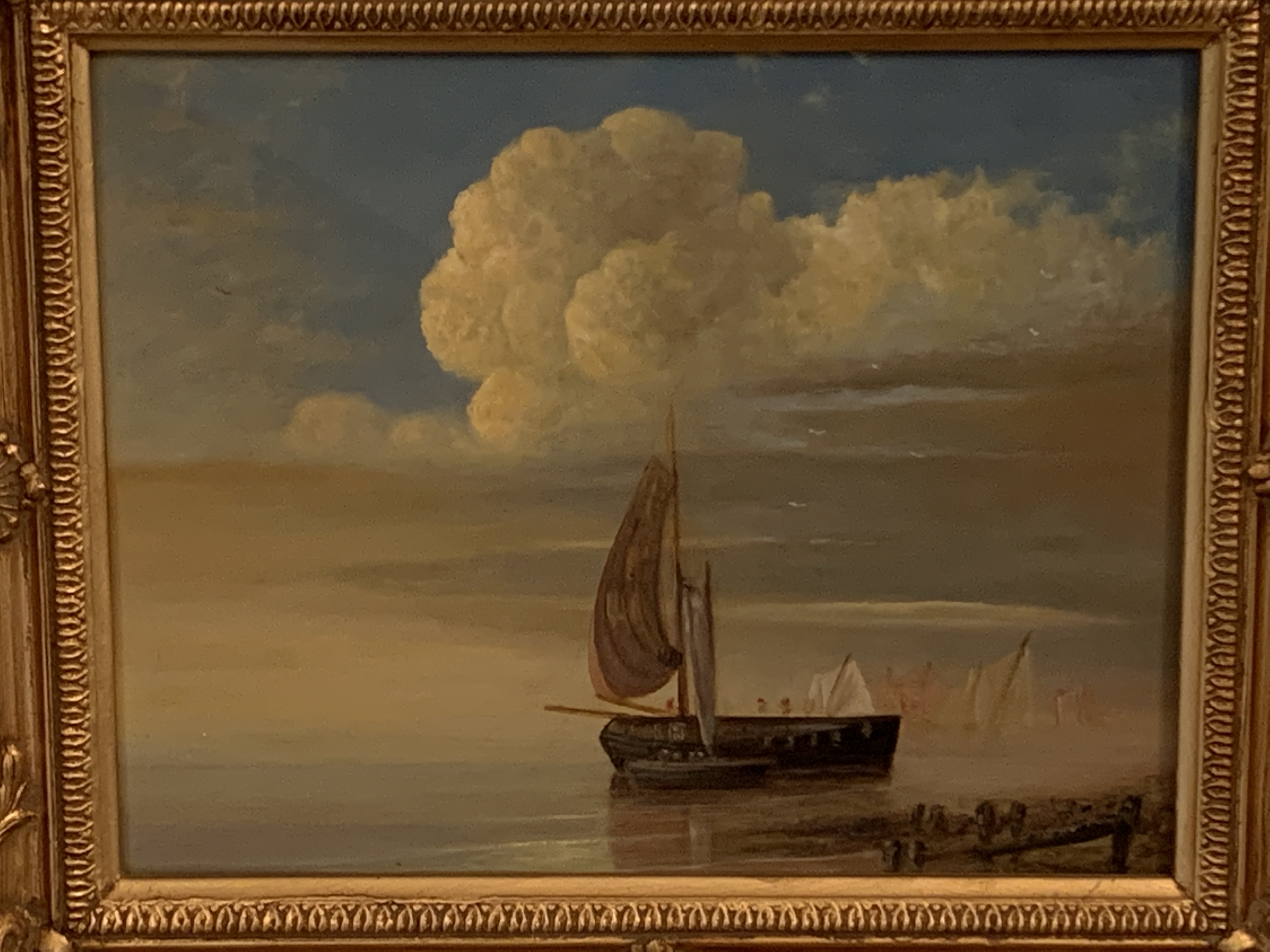 Pair of gilt framed oils on board of ships on a beach - Image 3 of 4