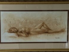 Gilt framed and glazed oil on canvas of a nude female, signed Frank Aris