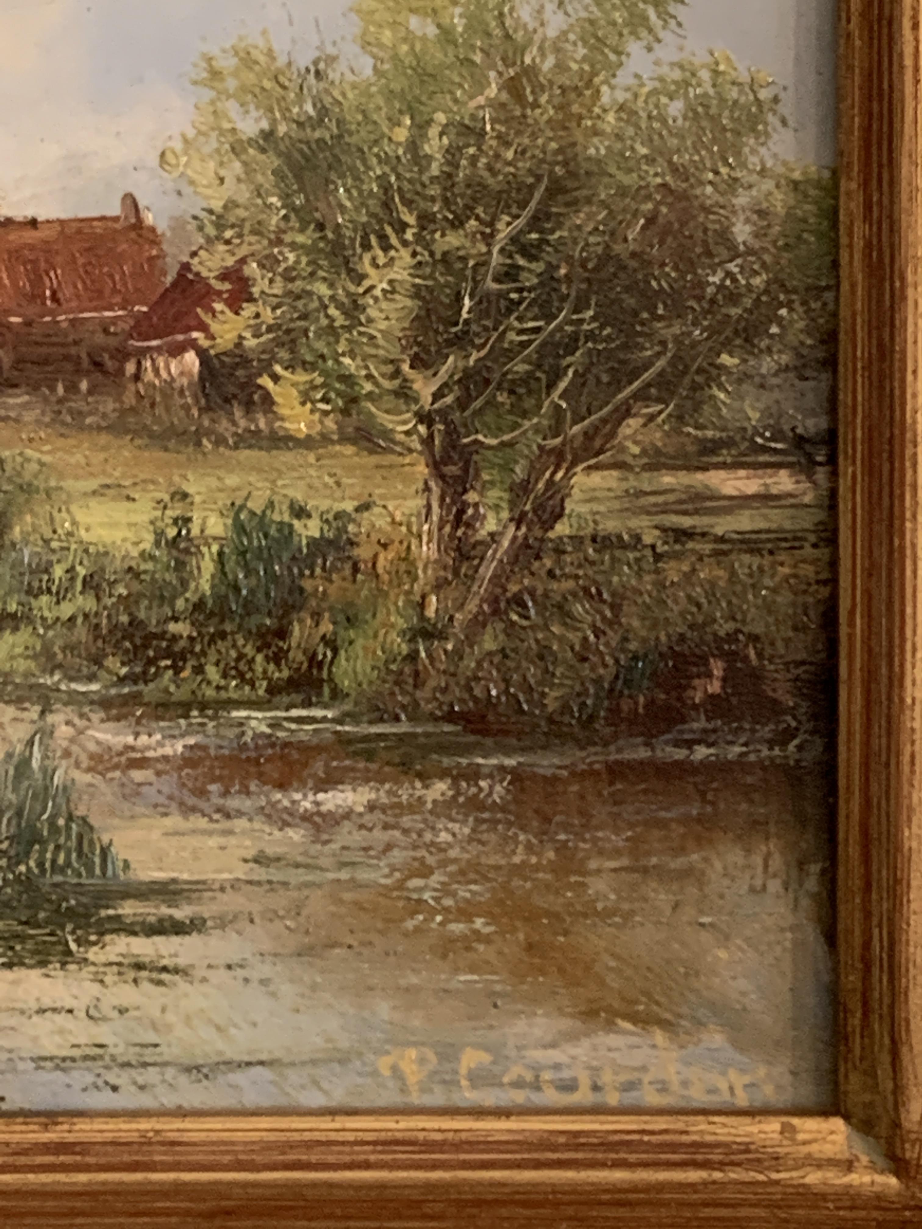 Pair of gilt framed oils on board of country scenes signed P Courdon - Image 2 of 4