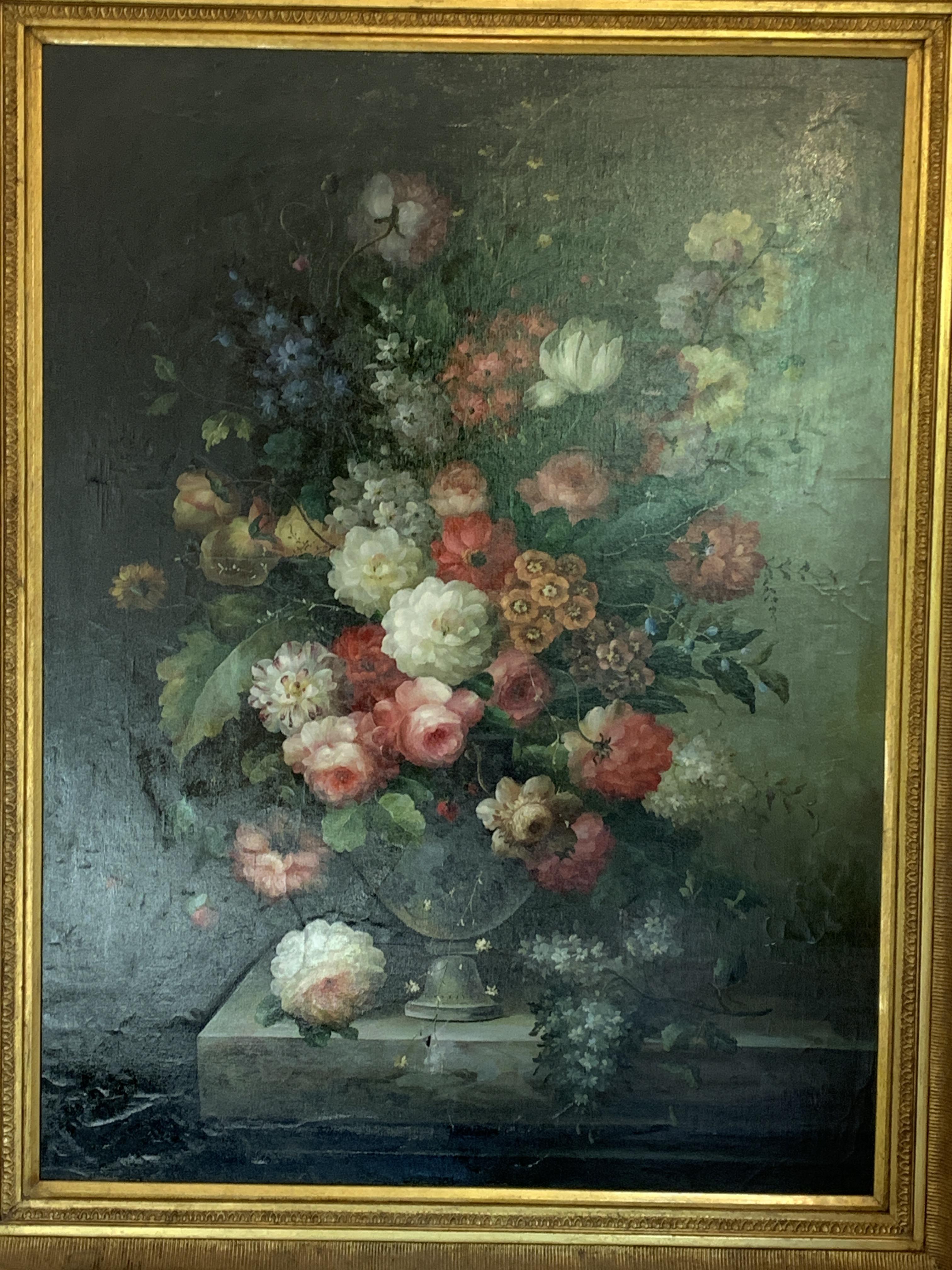 Large gilt framed oil on canvas still life flowers