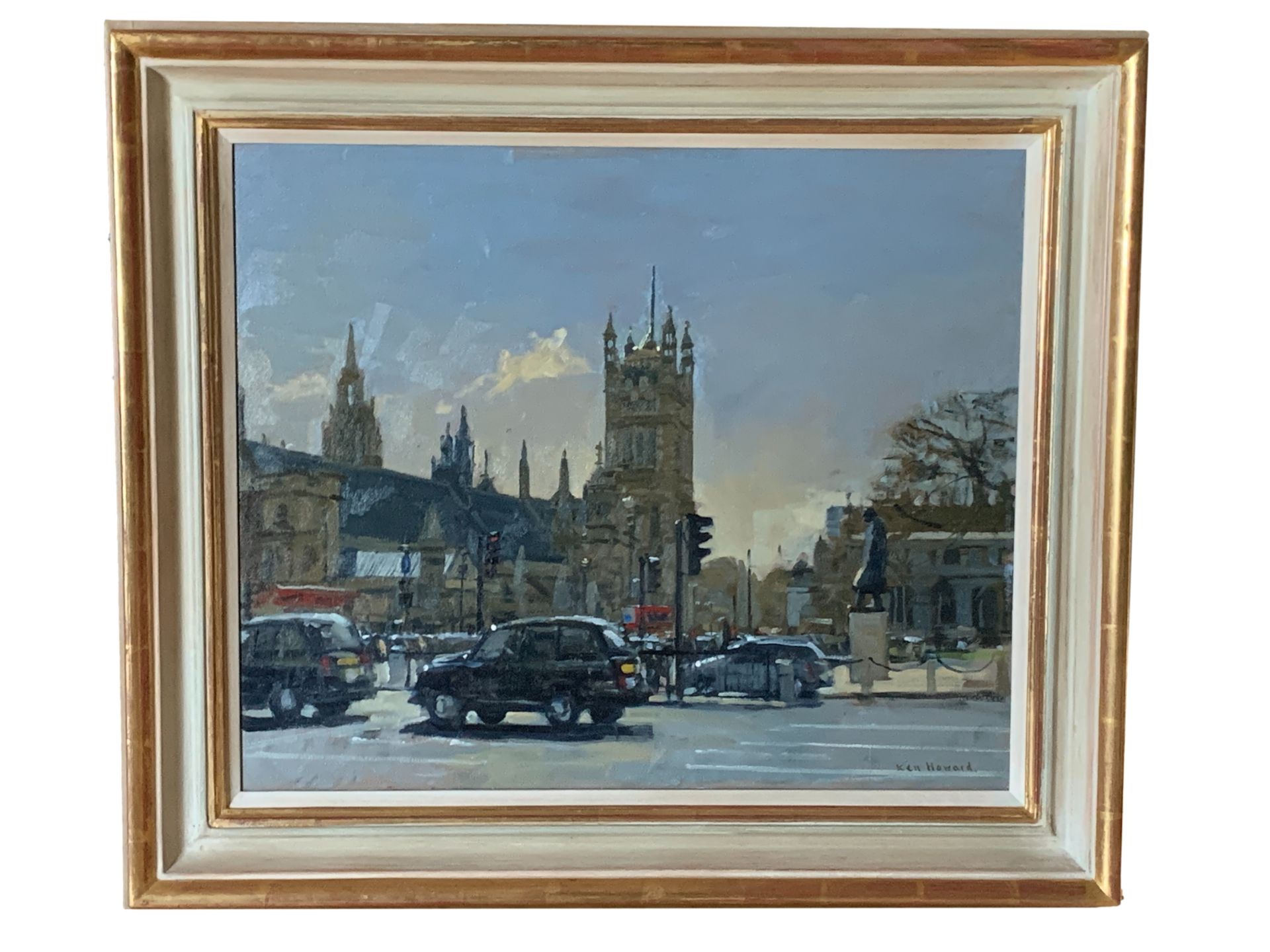 Ken Howard, R.A. Gilt framed oil on canvas of Parliament Square, London