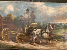 Framed oil on canvas carriage driving scene of a pair of horses to a Break, signed H J Jones