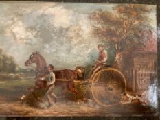Framed oil on canvas carriage driving scene of a single horse to a Curricle, signed H J Jones