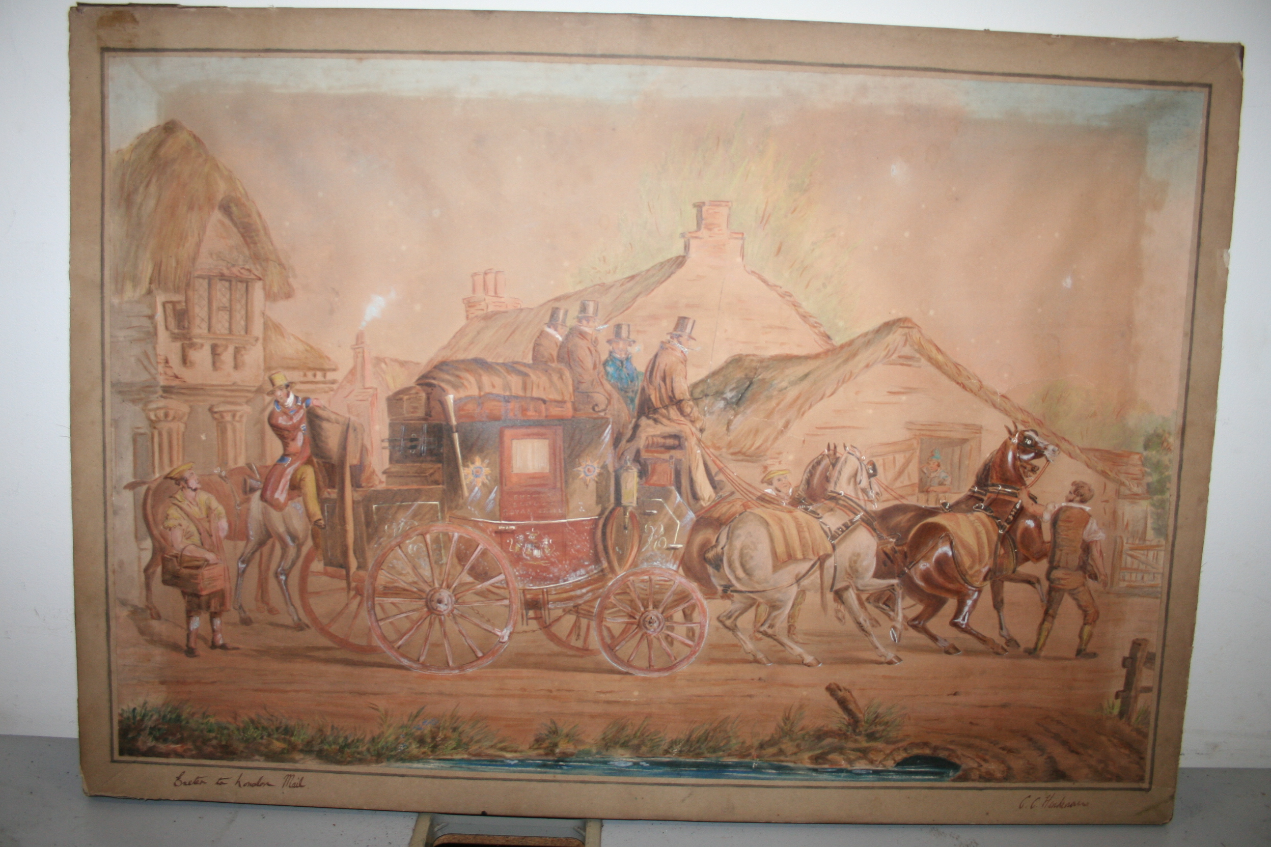 Watercolour by C C Henderson of the London to Exeter coach, unframed