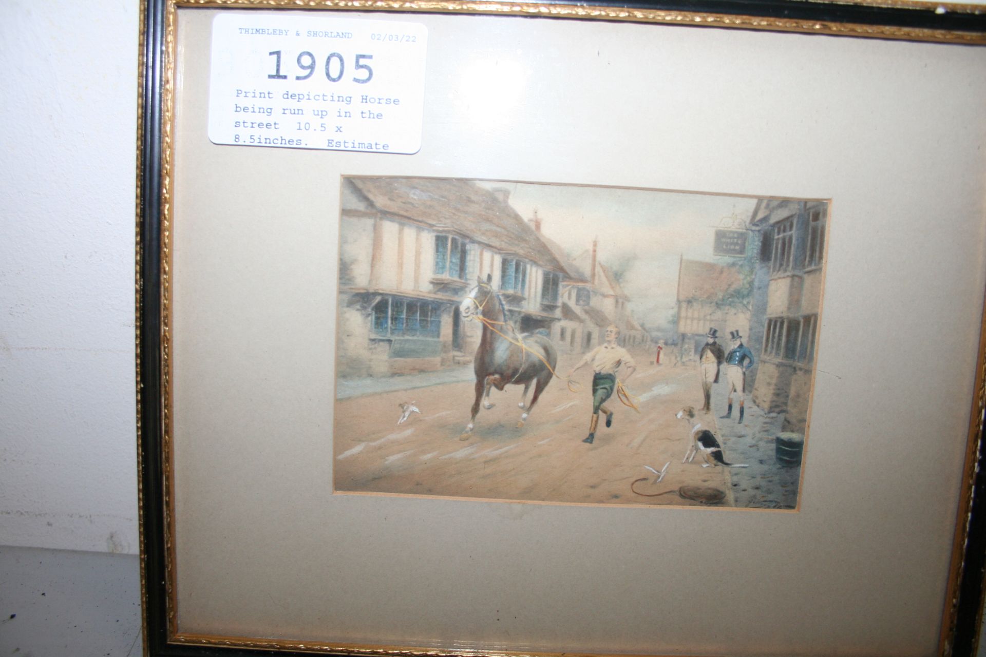 Print depicting Horse being run up in the street
