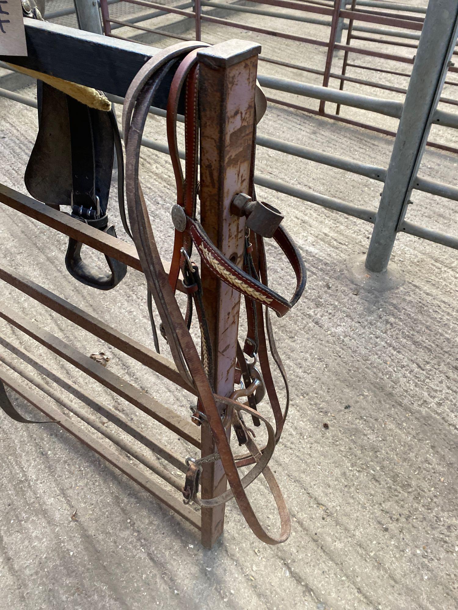 Western saddle, 2 Western bridles, martingale, and hitching reins - Image 3 of 6